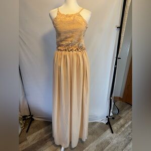 SMALL cream long dress, lace detail on top and peekaboo middle, open back